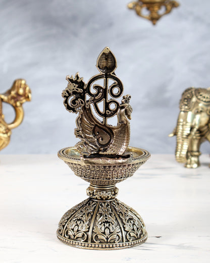 Brass Murugan Vel Peacock Oil Lamp | Kartikeya Deepam Spiritual Lamp 6" - Budhshiv.com