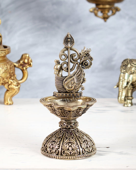 Brass Murugan Vel Peacock Oil Lamp | Kartikeya Deepam Spiritual Lamp 6" - Budhshiv.com