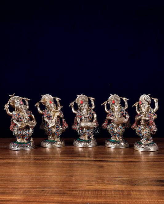 Brass Musical Ganesha Set of 5 with Stonework – 7.5 Inch | Premium Brass Idols | BudhShiv - Budhshiv.com