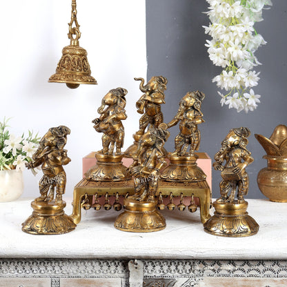 Brass Musical Ganesha Set of 6 Idols – Handcrafted Divine Musician Collection 8.5 inch - Budhshiv.com
