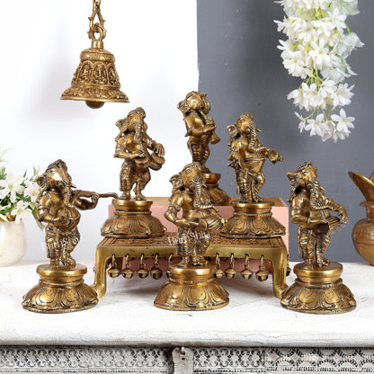Brass Musical Ganesha Set of 6 Idols – Handcrafted Divine Musician Collection 8.5 inch - Budhshiv.com