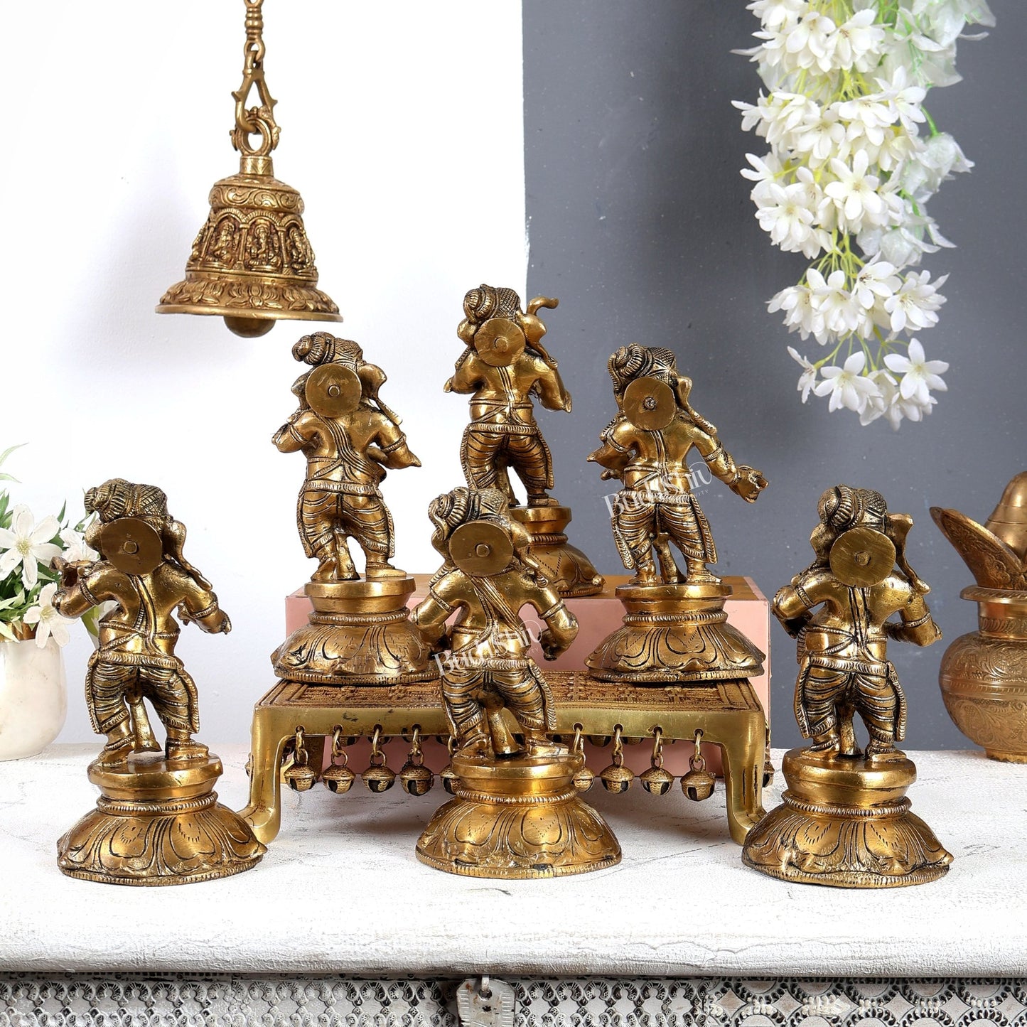 Brass Musical Ganesha Set of 6 Idols – Handcrafted Divine Musician Collection 8.5 inch - Budhshiv.com
