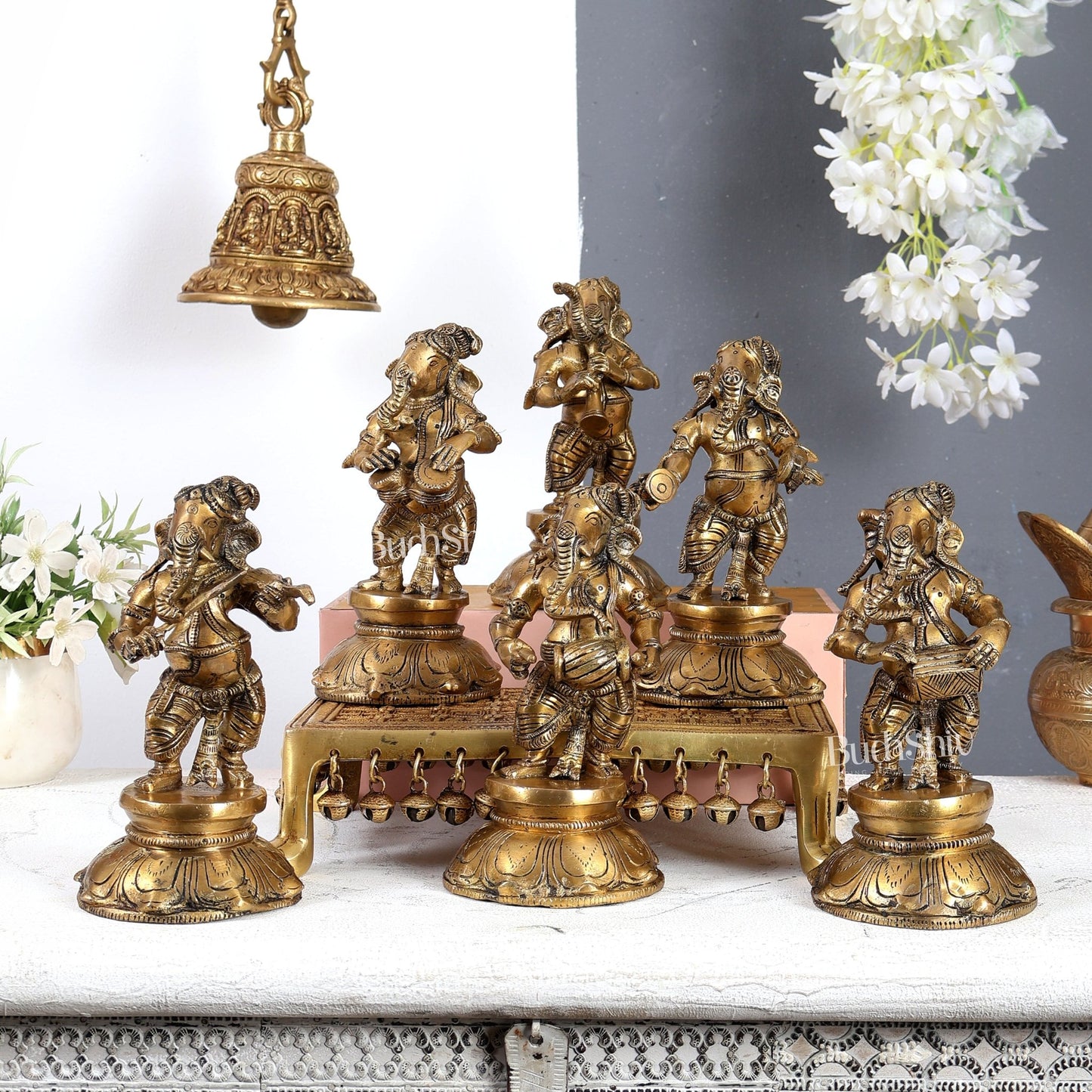 Brass Musical Ganesha Set of 6 Idols – Handcrafted Divine Musician Collection 8.5 inch - Budhshiv.com