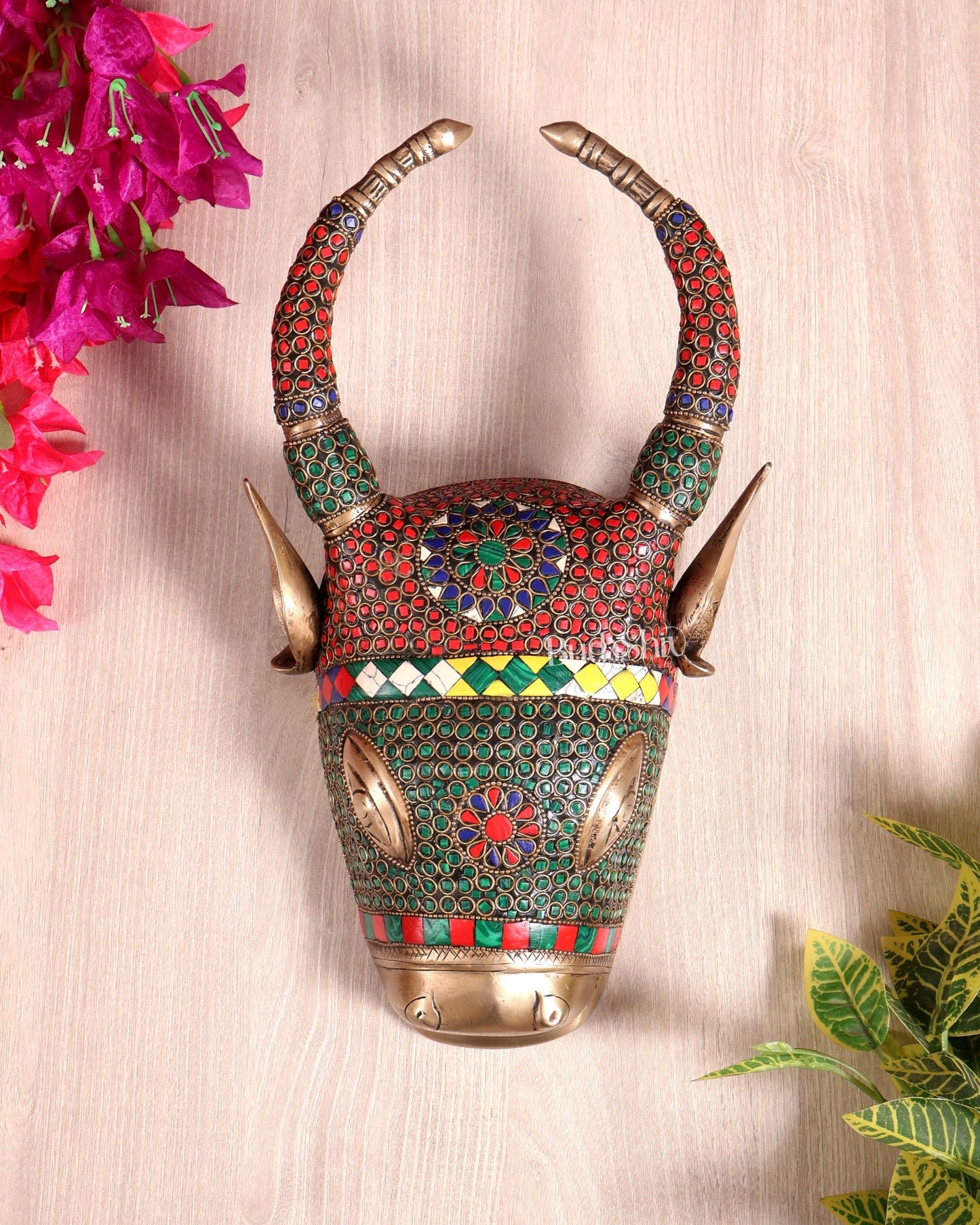 Brass nandi bull face Wall Hanging – stonework 12 inch - Budhshiv.com