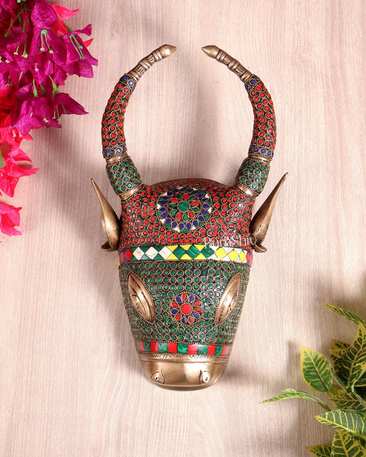 Brass nandi bull face Wall Hanging – stonework 12 inch - Budhshiv.com