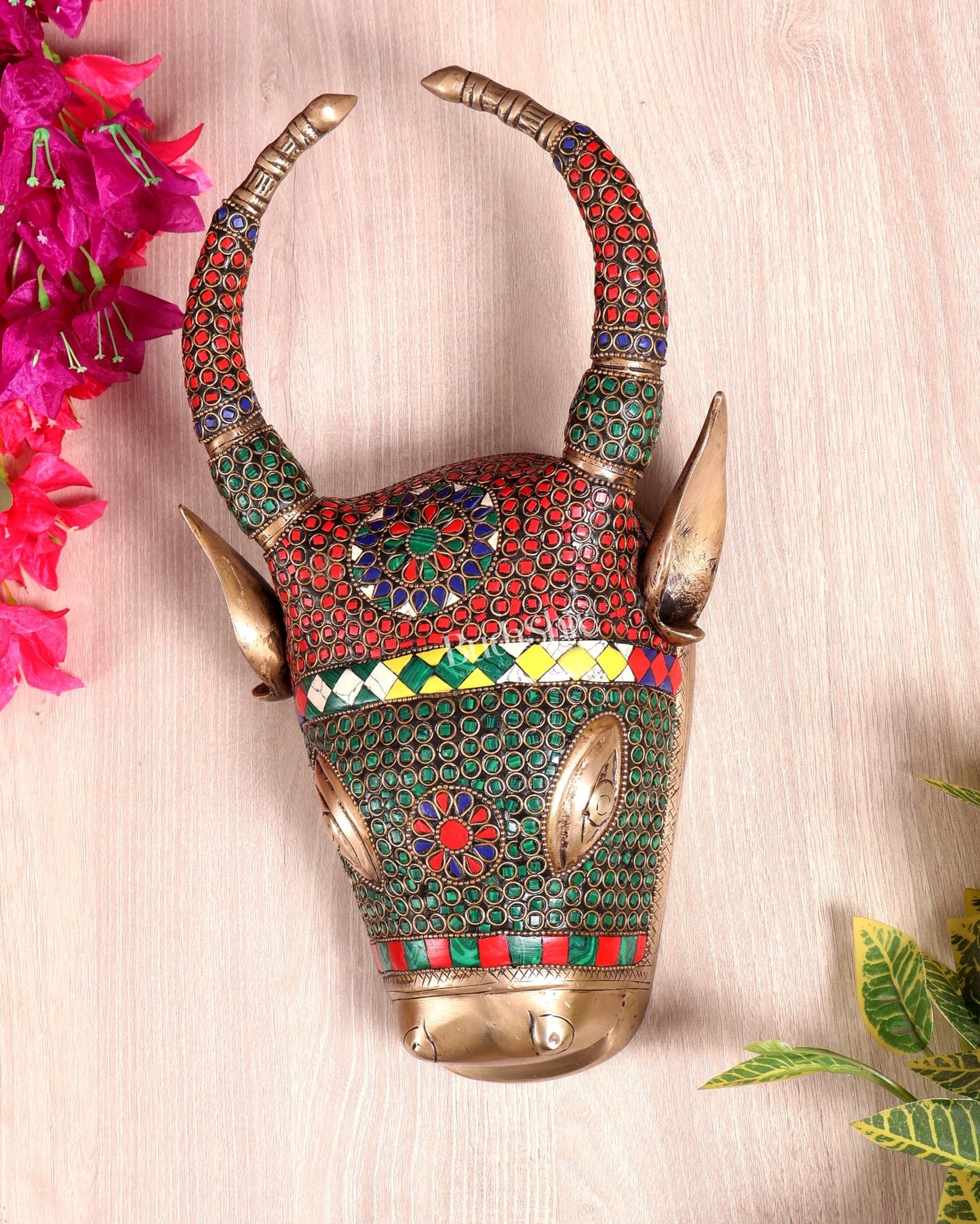 Brass nandi bull face Wall Hanging – stonework 12 inch - Budhshiv.com