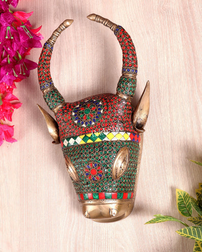 Brass nandi bull face Wall Hanging – stonework 12 inch - Budhshiv.com