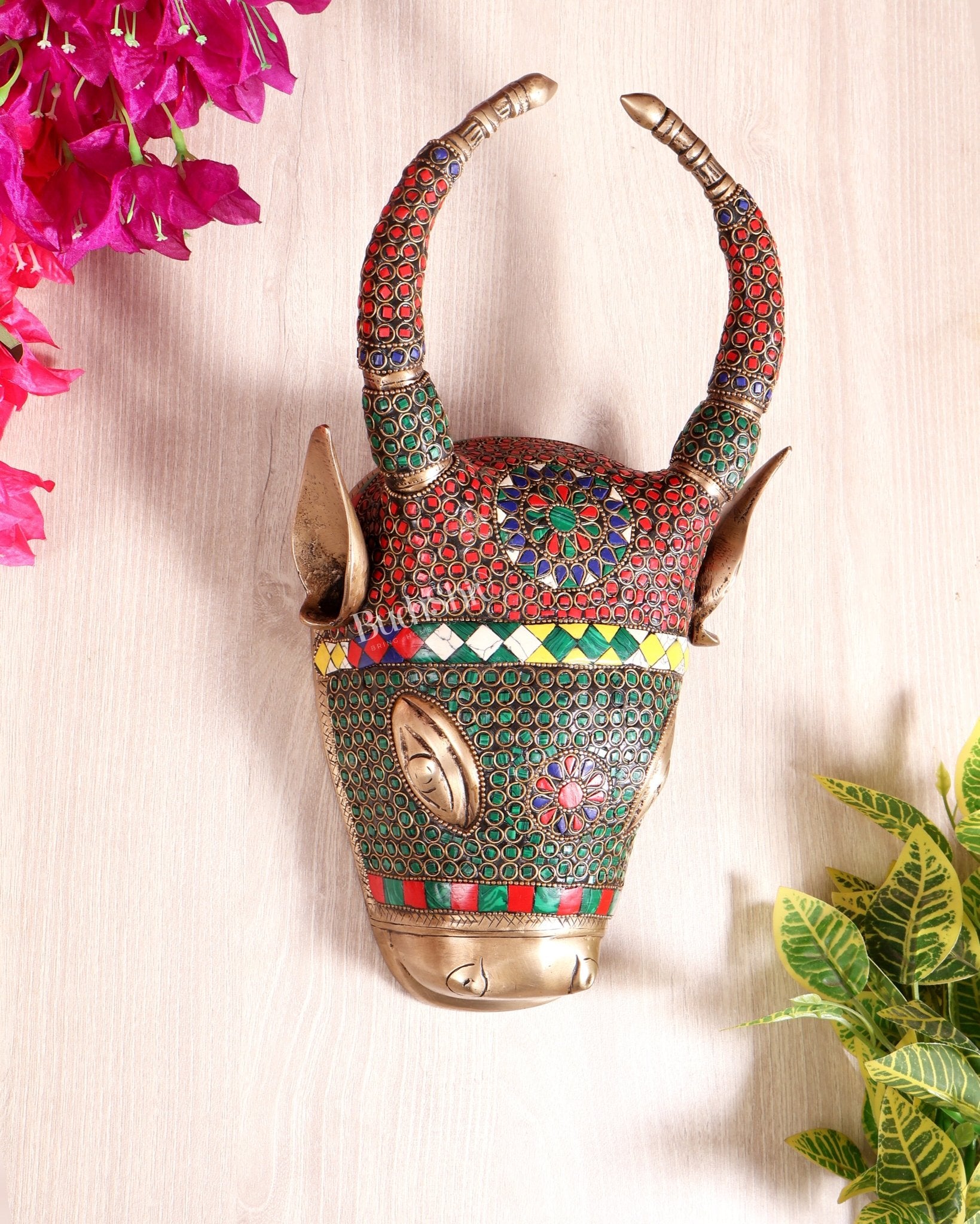 Brass nandi bull face Wall Hanging – stonework 12 inch - Budhshiv.com