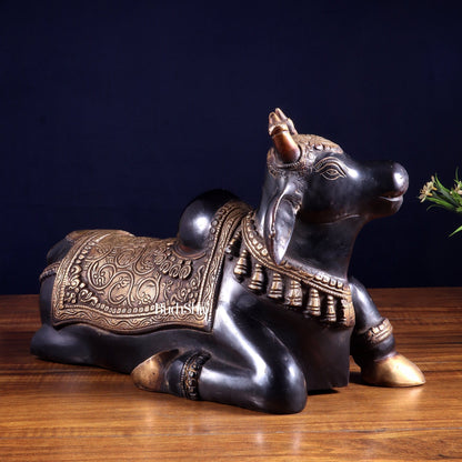 Brass Nandi Statue Black tone - 15 inch - Budhshiv.com