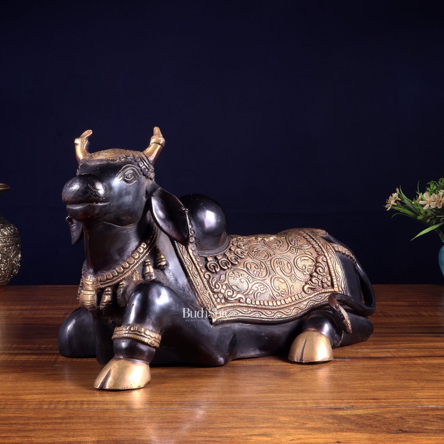 Brass Nandi Statue Black tone - 15 inch - Budhshiv.com