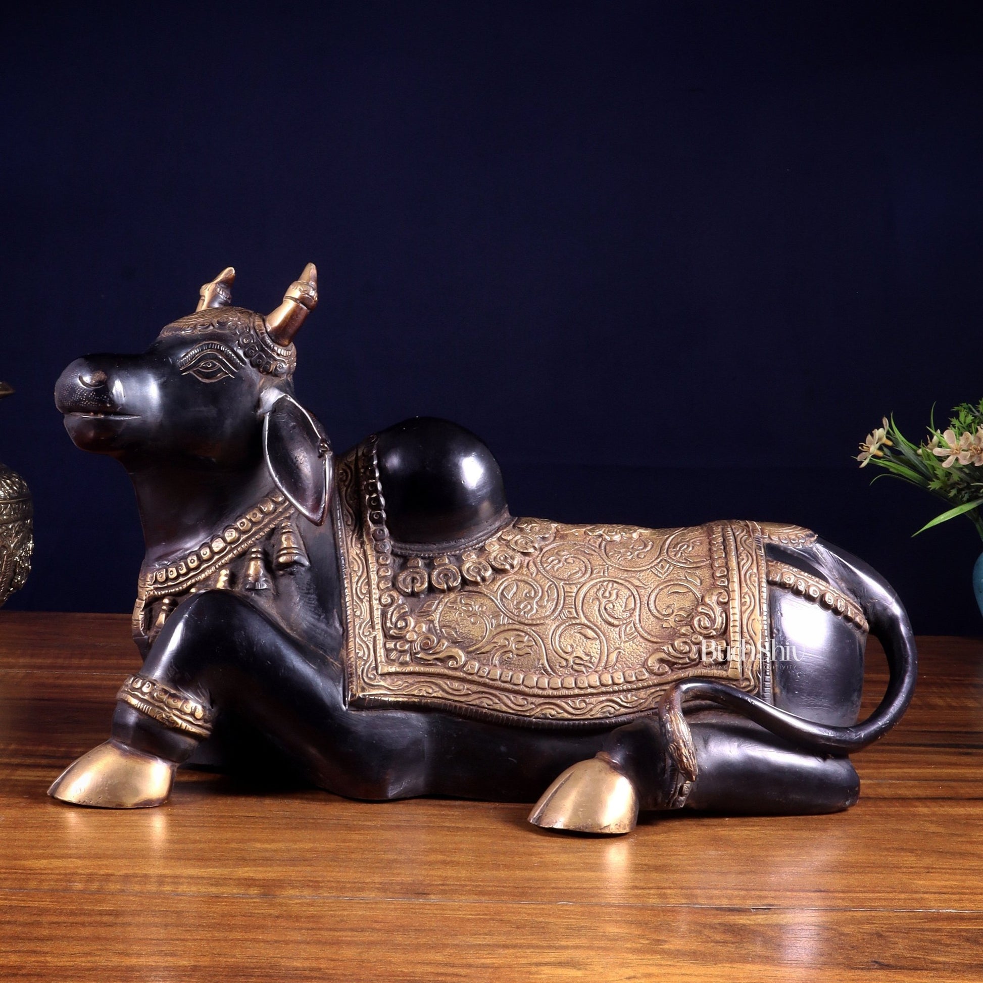 Brass Nandi Statue Black tone - 15 inch - Budhshiv.com