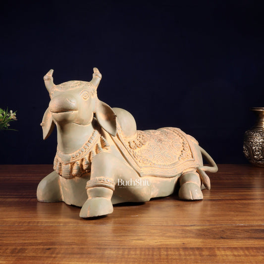 Brass Nandi Statue green sand finish - 15 inch - Budhshiv.com