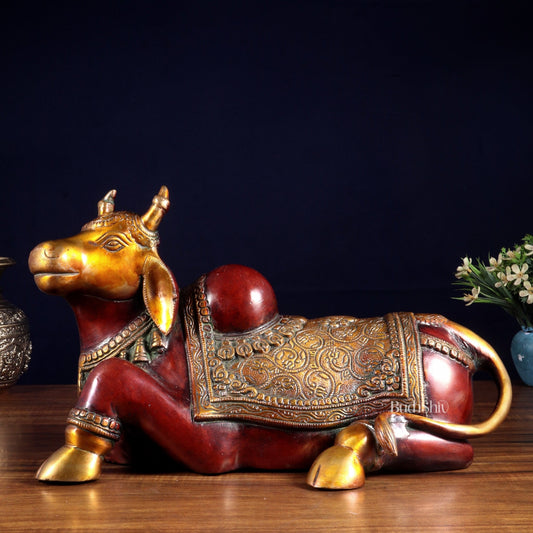 Brass Nandi Statue Hoysala red tone - 15 inch - Budhshiv.com