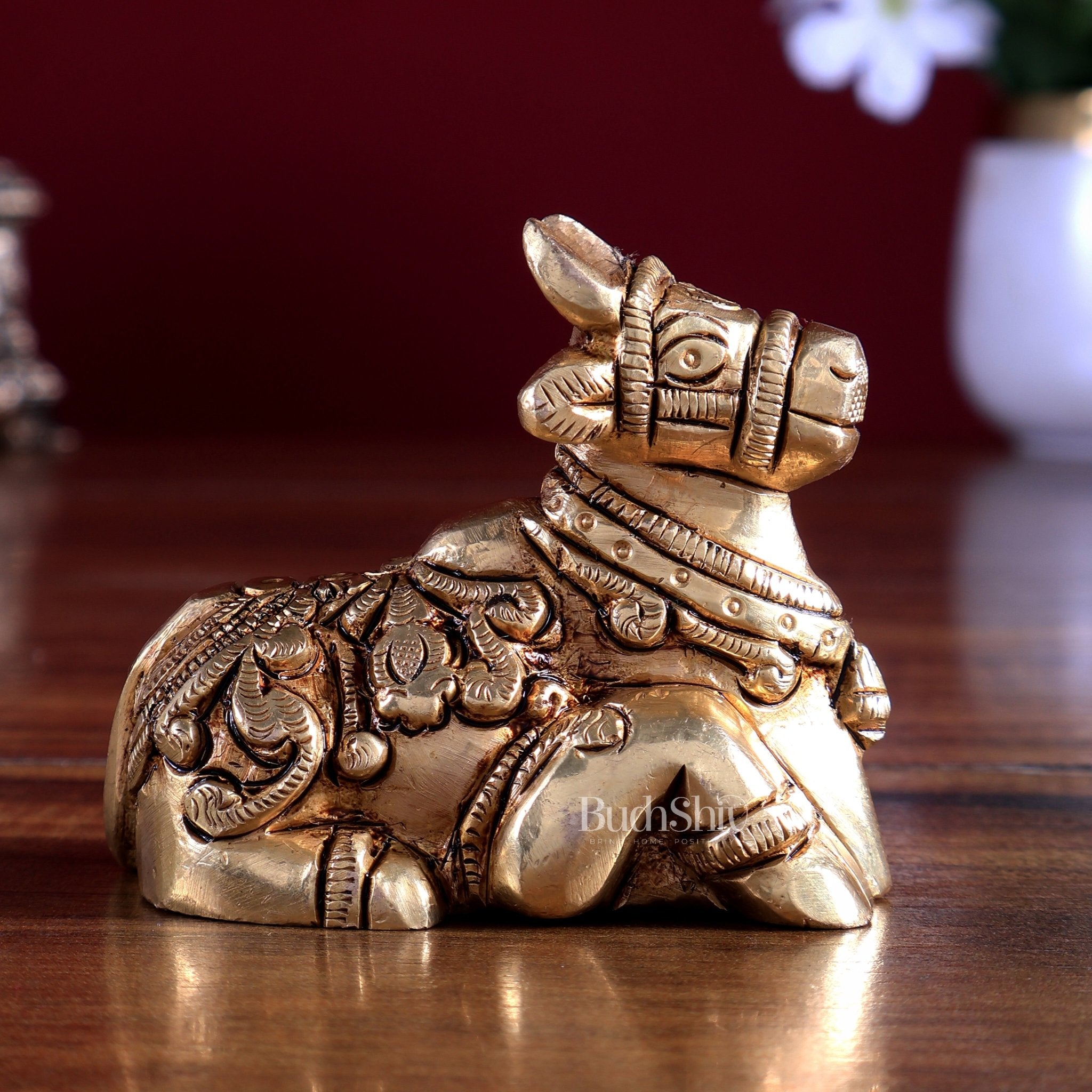 Brass Nandi Statue – Mini Intricate Design 3 inch – Budhshiv.com