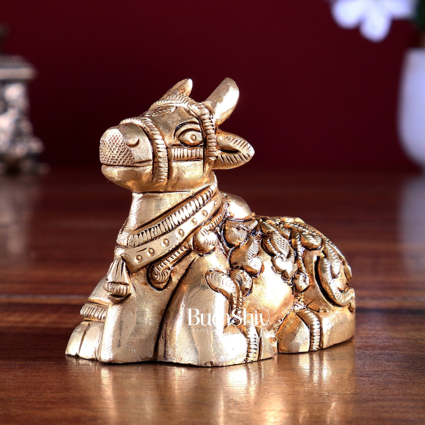 Brass Nandi Statue – Mini Intricate Design 3 inch - Budhshiv.com