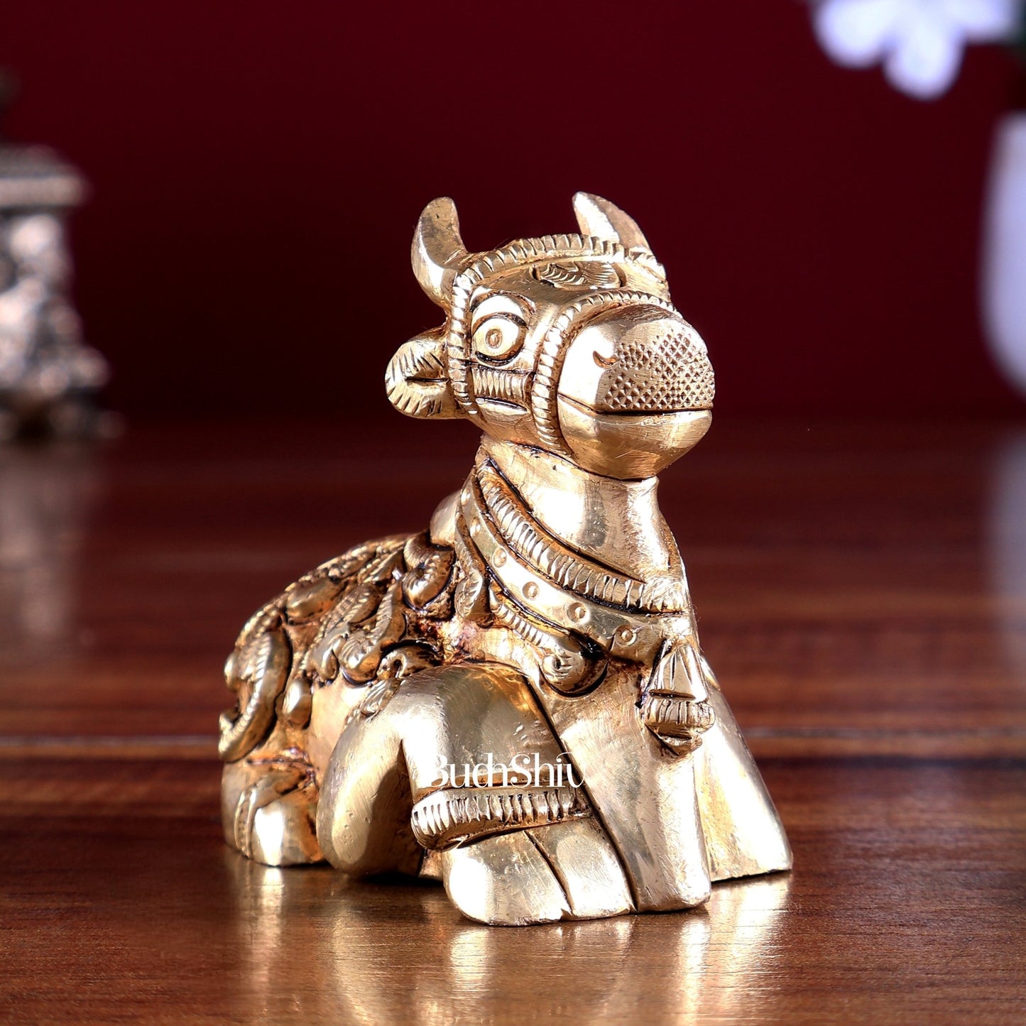Brass Nandi Statue – Mini Intricate Design 3 inch - Budhshiv.com