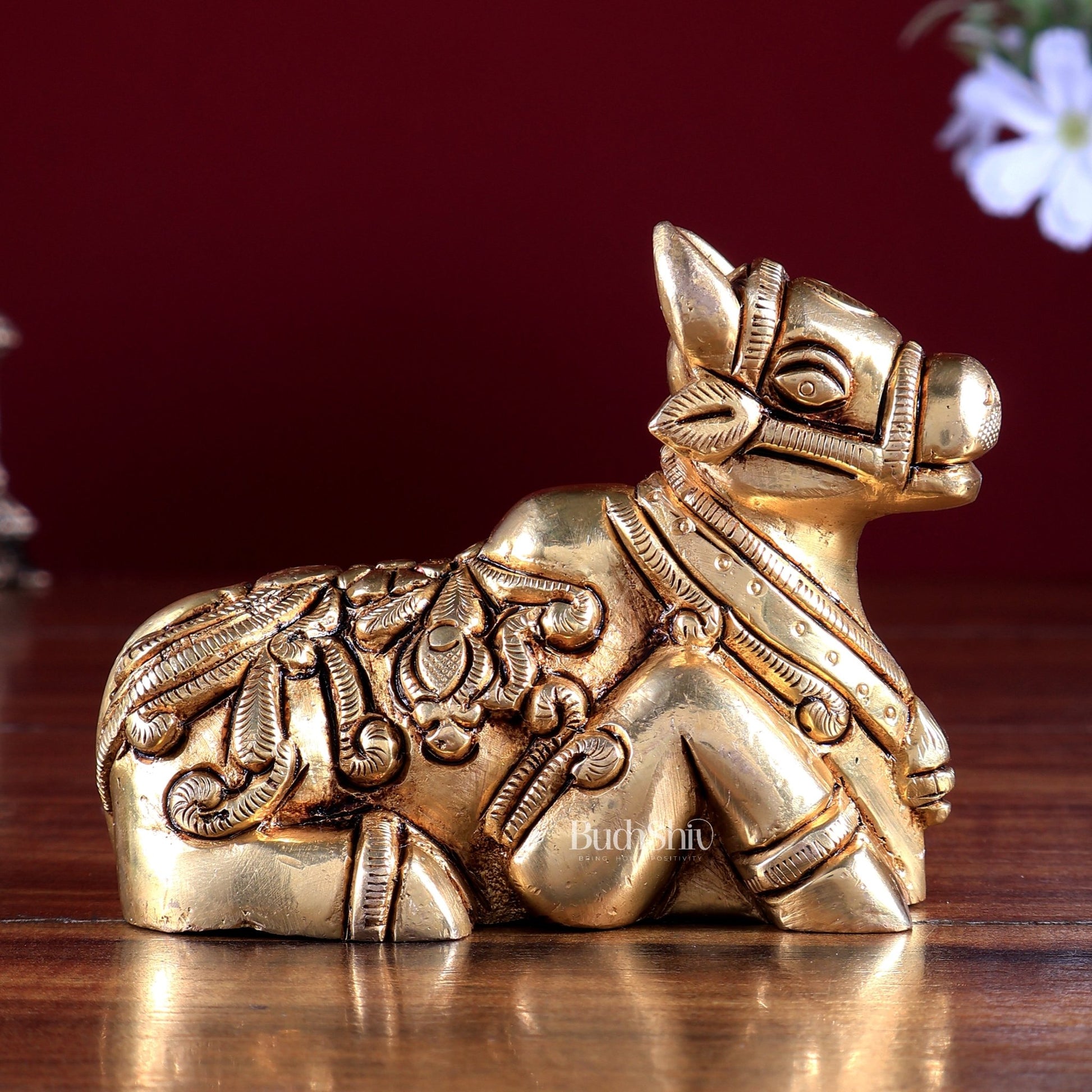 Brass Nandi Statue – Small Intricate Design 4" - Budhshiv.com