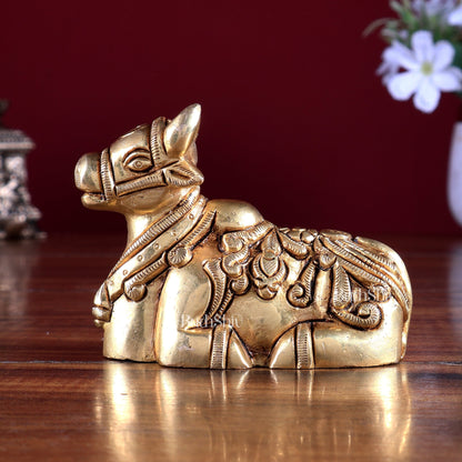 Brass Nandi Statue – Small Intricate Design 4" - Budhshiv.com