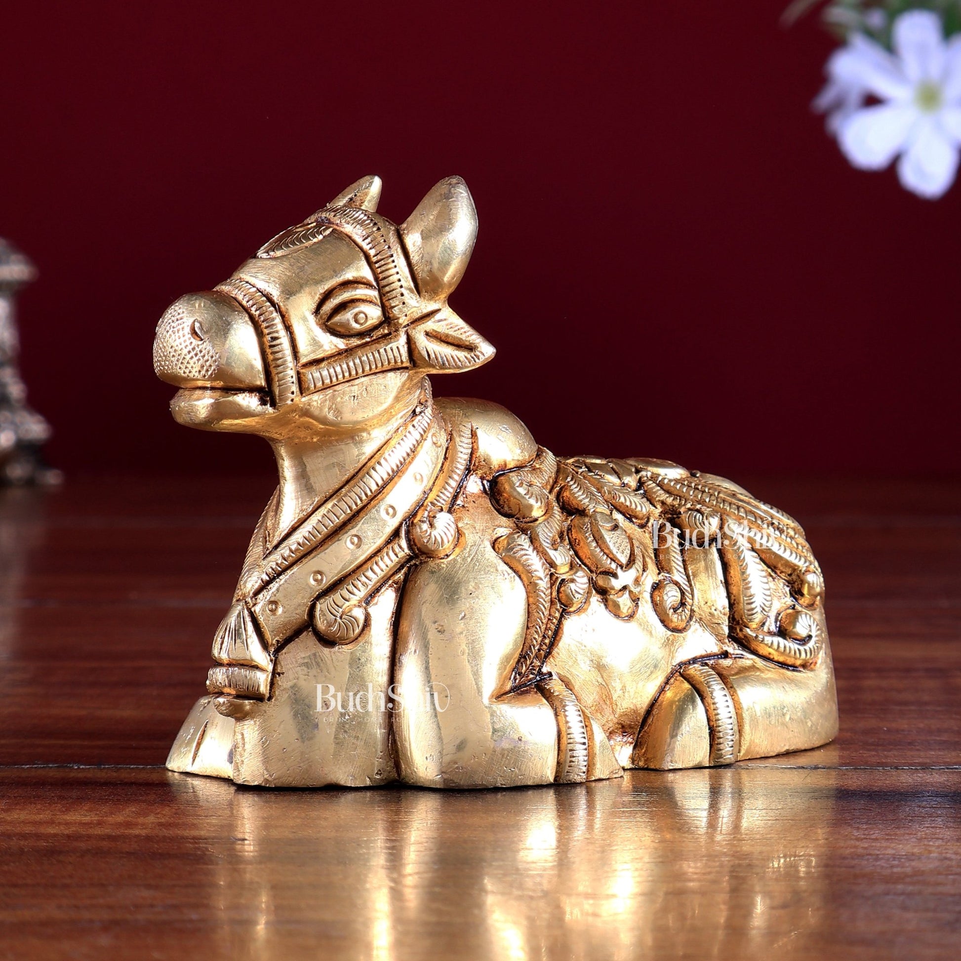 Brass Nandi Statue – Small Intricate Design 4" - Budhshiv.com