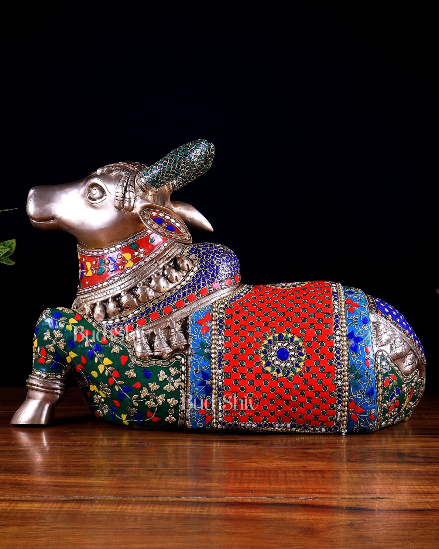 Brass Nandi statue with Exquisite Stonework 20 inch - Budhshiv.com