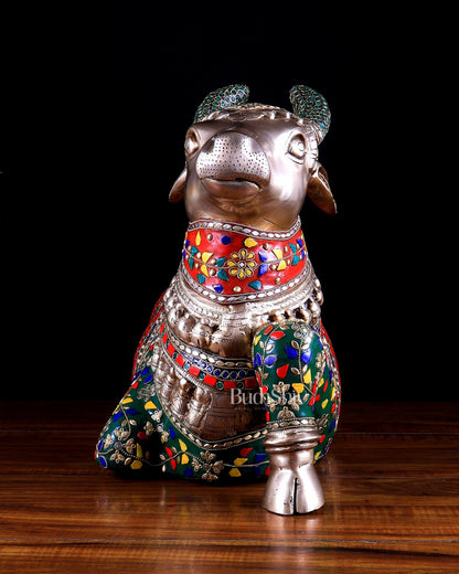 Brass Nandi statue with Exquisite Stonework 20 inch - Budhshiv.com