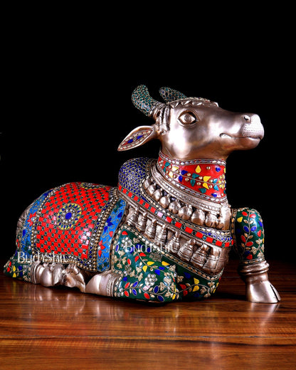 Brass Nandi statue with Exquisite Stonework 20 inch - Budhshiv.com
