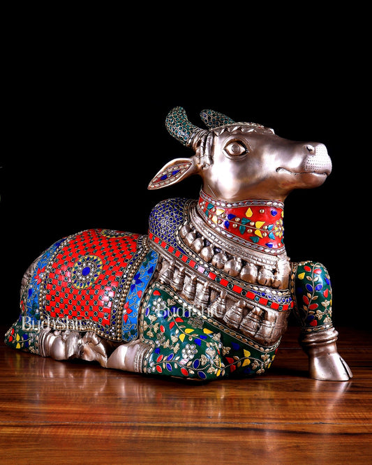 Brass Nandi statue with Exquisite Stonework 20 inch - Budhshiv.com