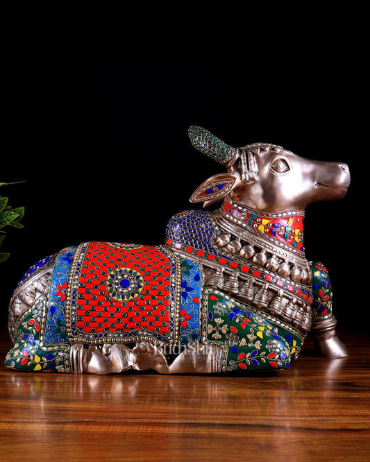 Brass Nandi statue with Exquisite Stonework 20 inch - Budhshiv.com