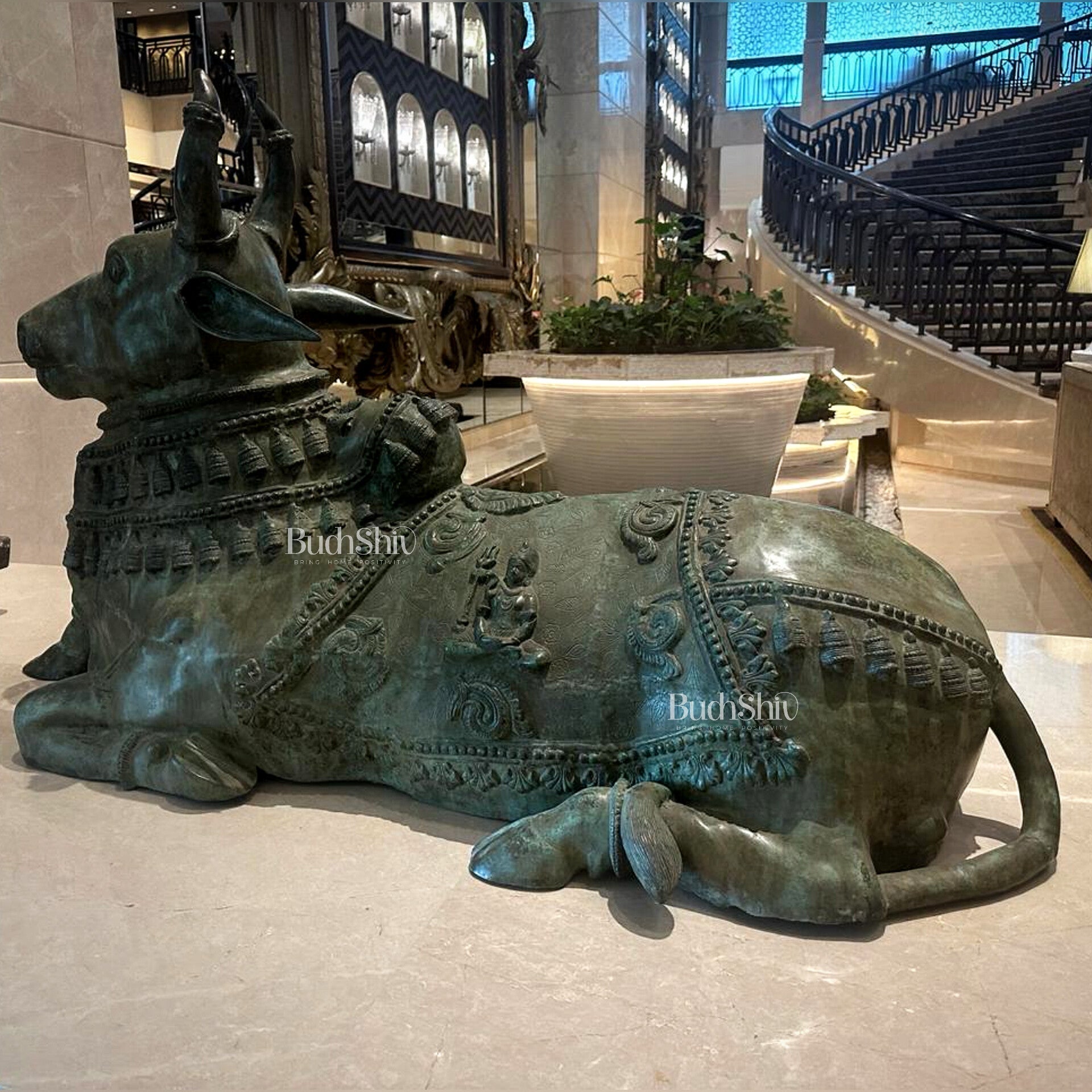 Brass Nandi Statue with Lord Shiva Carvings – Green patina 82" - Budhshiv.com