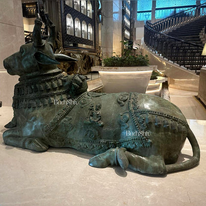 Brass Nandi Statue with Lord Shiva Carvings – Green patina 82" - Budhshiv.com