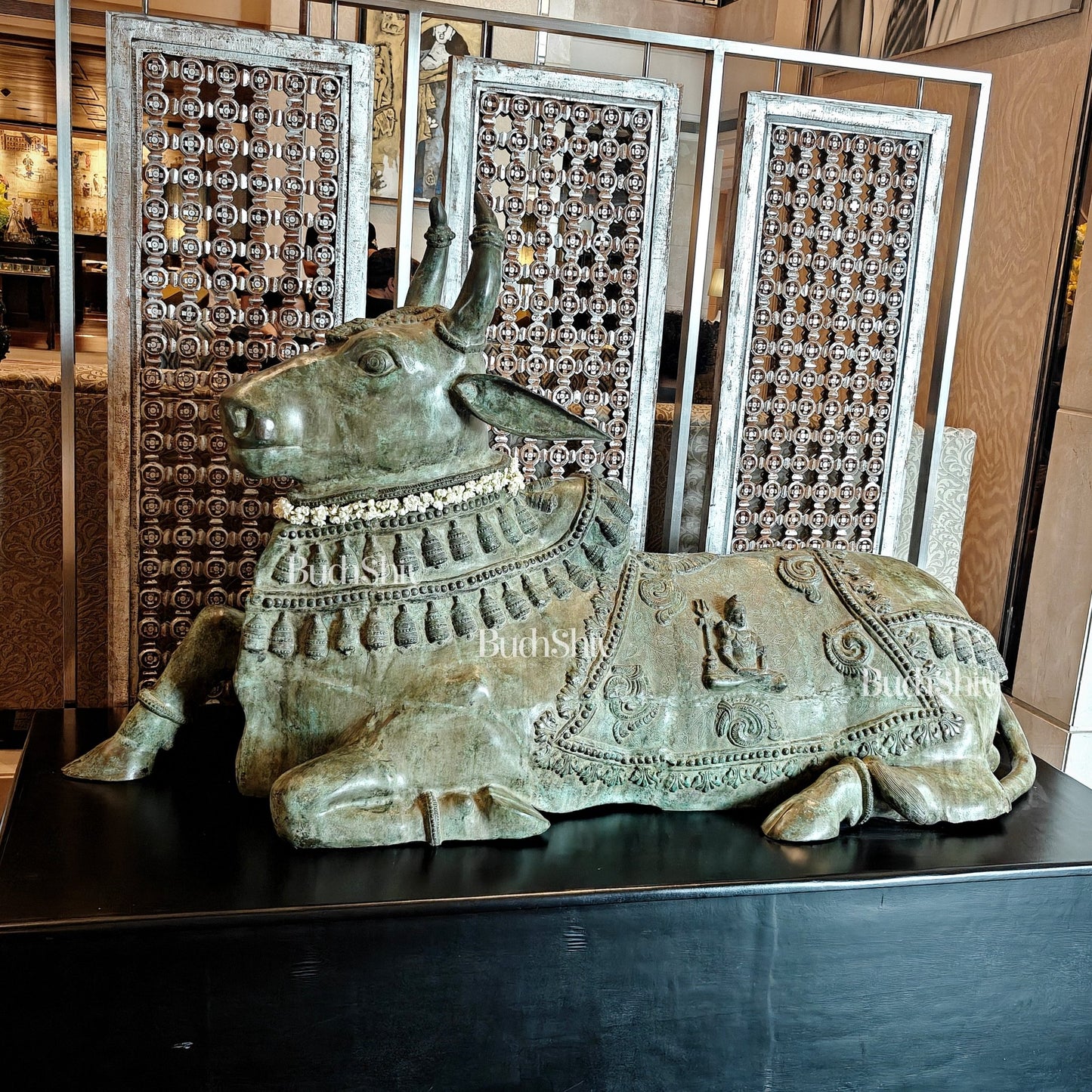 Brass Nandi Statue with Lord Shiva Carvings – Green patina 82" - Budhshiv.com