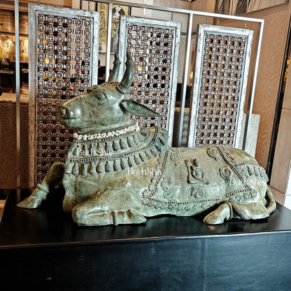 Brass Nandi Statue with Lord Shiva Carvings – Green patina 82" - Budhshiv.com
