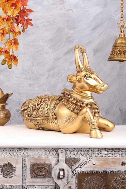 Brass Nandi Statue with Raised Right Leg – Unique Carved Divine Sculpture (14 Inches) - Budhshiv.com
