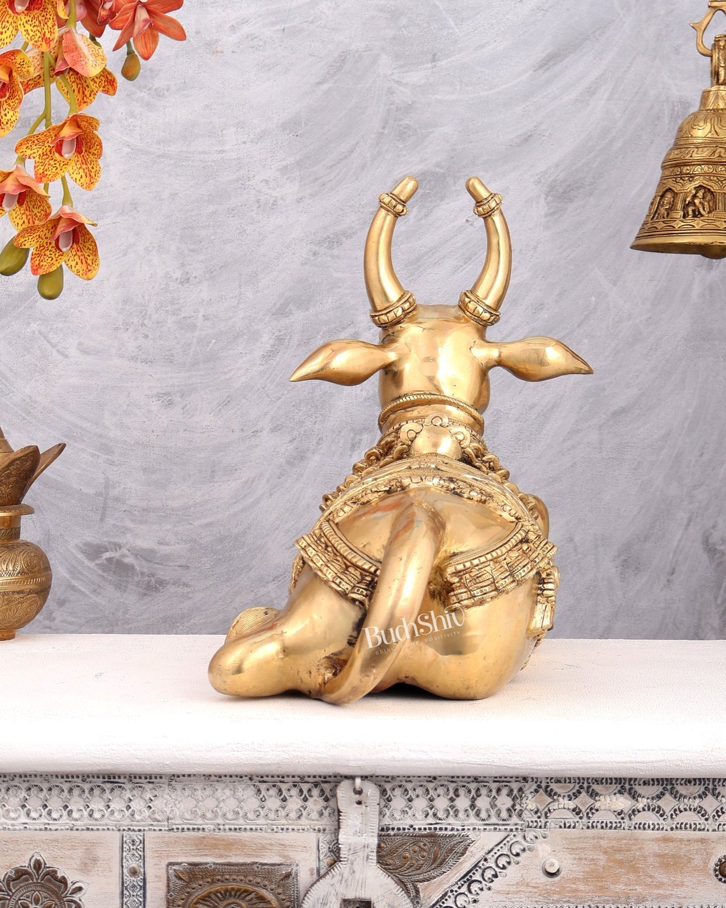 Brass Nandi Statue with Raised Right Leg – Unique Carved Divine Sculpture (14 Inches) - Budhshiv.com