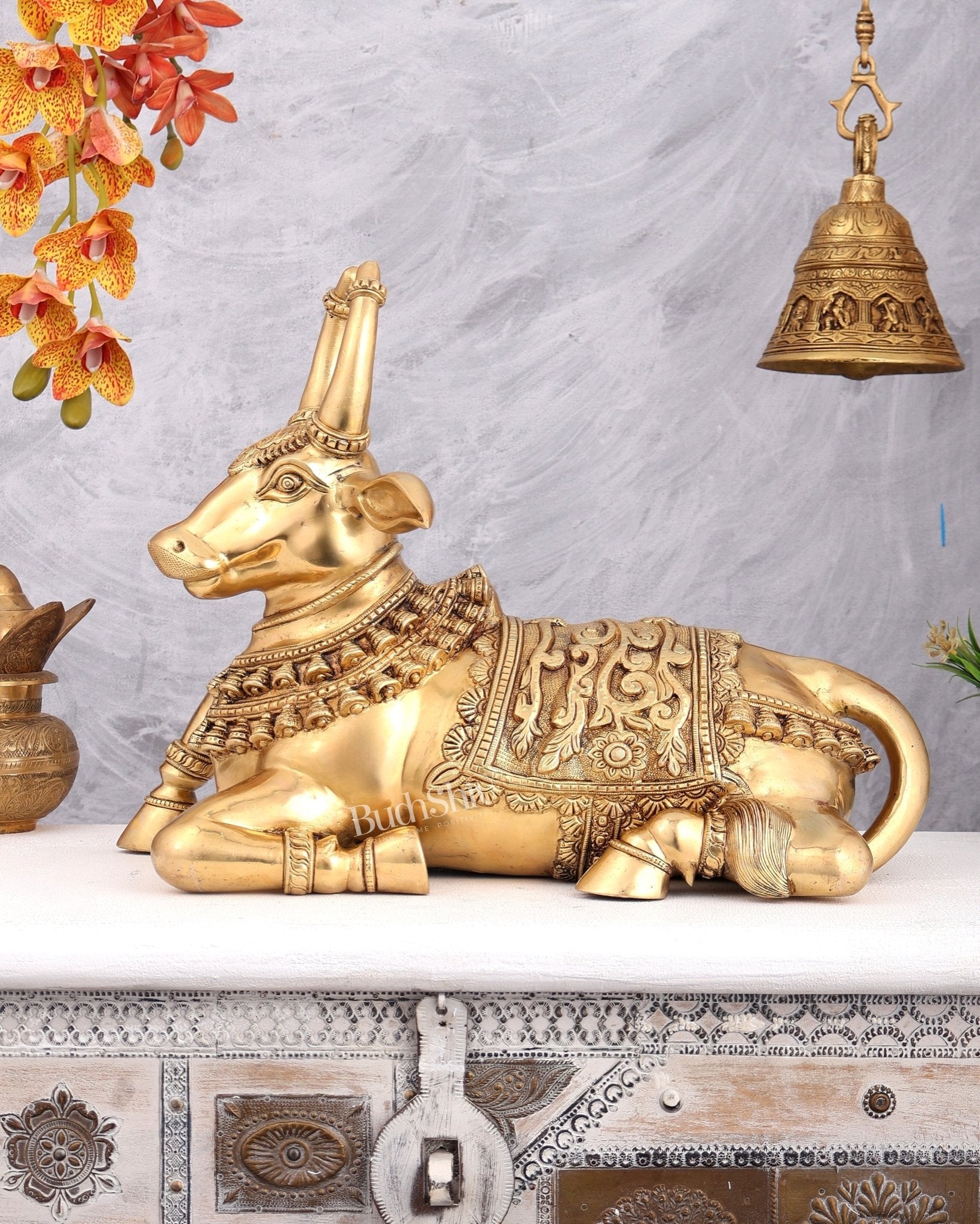 Brass Nandi Statue with Raised Right Leg – Unique Carved Divine Sculpture (14 Inches) - Budhshiv.com