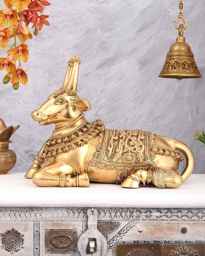 Brass Nandi Statue with Raised Right Leg – Unique Carved Divine Sculpture (14 Inches) - Budhshiv.com