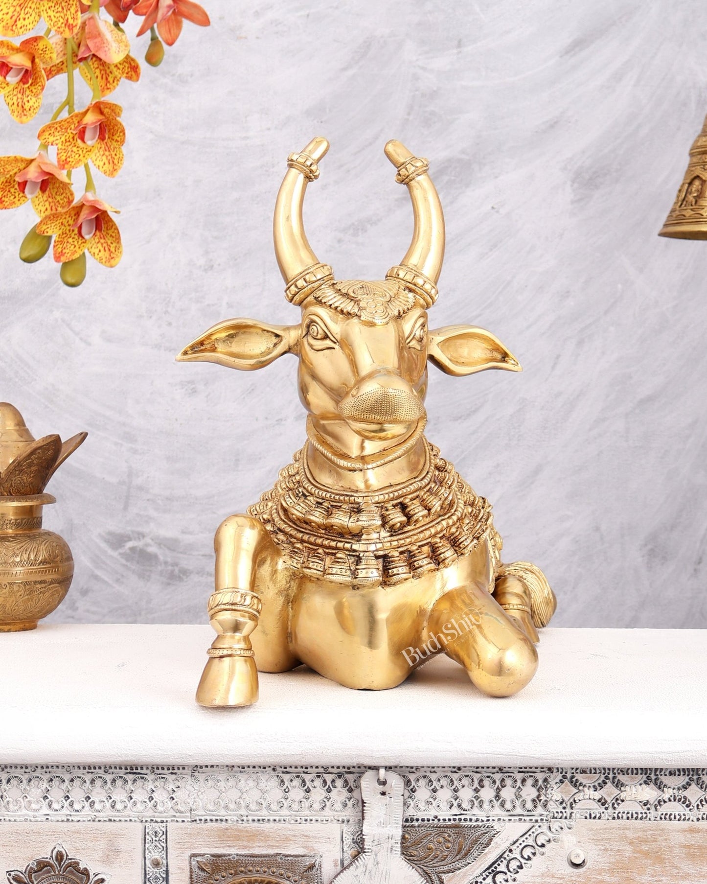 Brass Nandi Statue with Raised Right Leg – Unique Carved Divine Sculpture (14 Inches) - Budhshiv.com