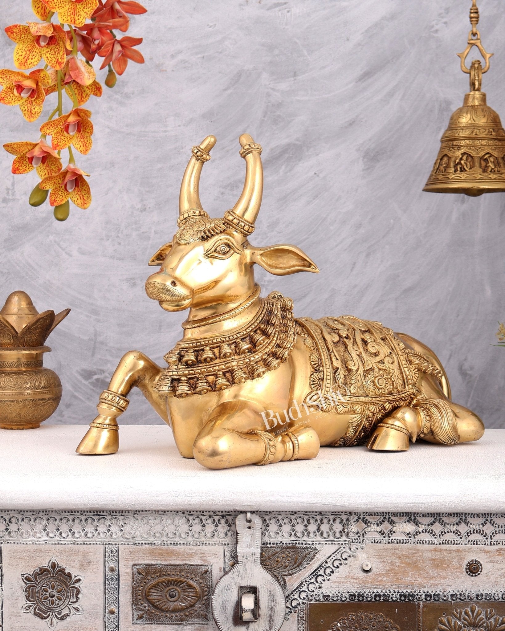 Brass Nandi Statue with Raised Right Leg – Unique Carved Divine Sculpture (14 Inches) - Budhshiv.com