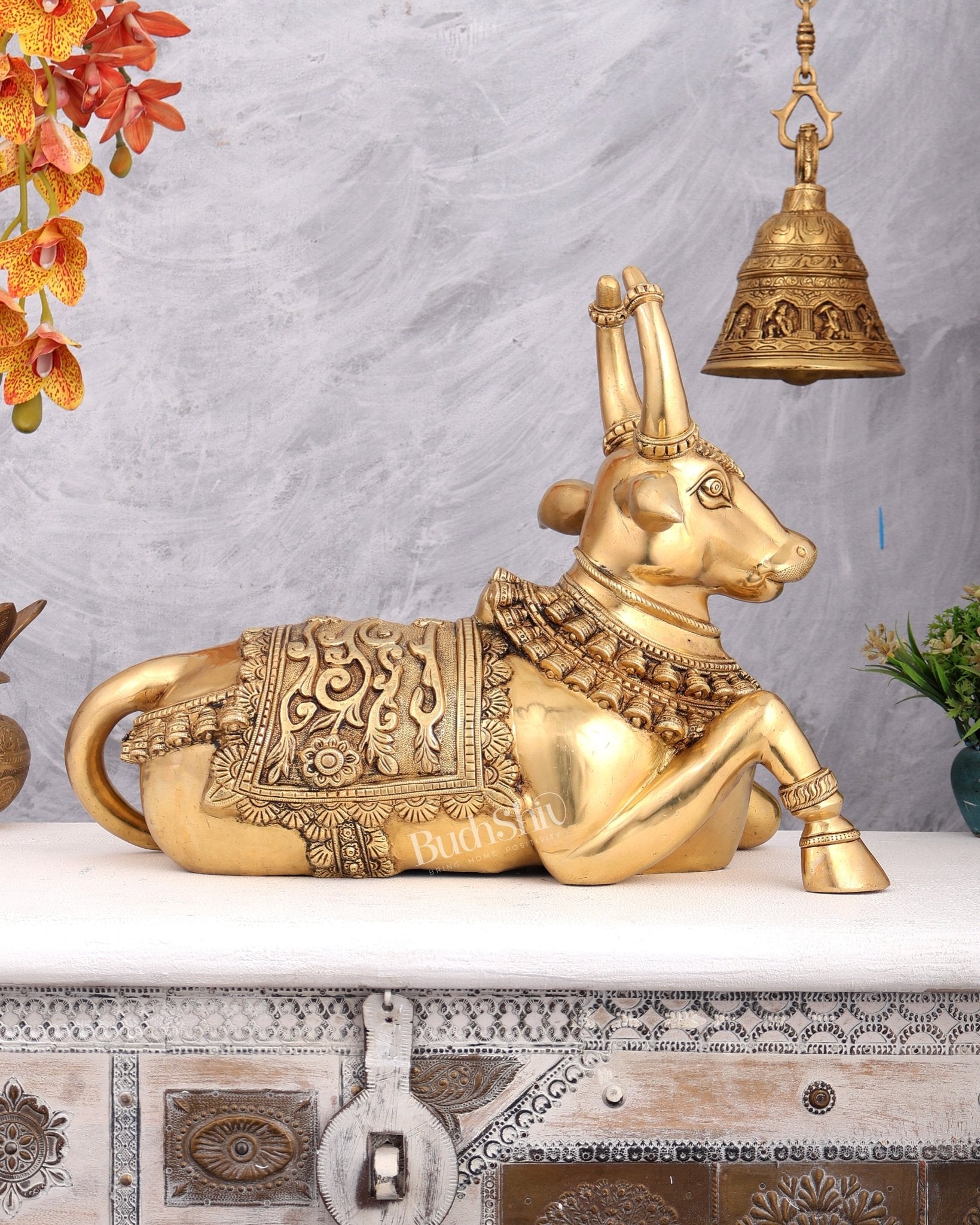 Brass Nandi Statue with Raised Right Leg – Unique Carved Divine Sculpture (14 Inches) - Budhshiv.com
