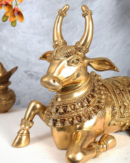 Brass Nandi Statue with Raised Right Leg – Unique Carved Divine Sculpture (14 Inches) - Budhshiv.com