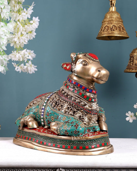 Brass Nandi Statue with Stonework - 20 inch - Budhshiv.com