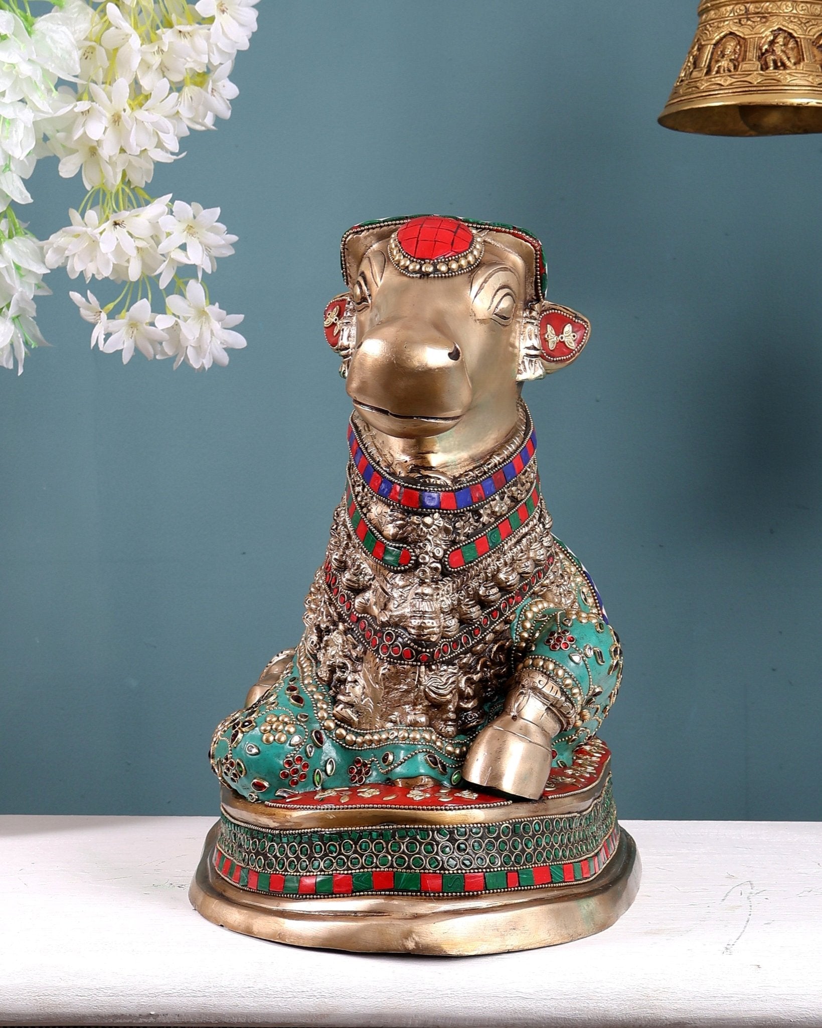 Brass Nandi Statue with Stonework - 20 inch - Budhshiv.com