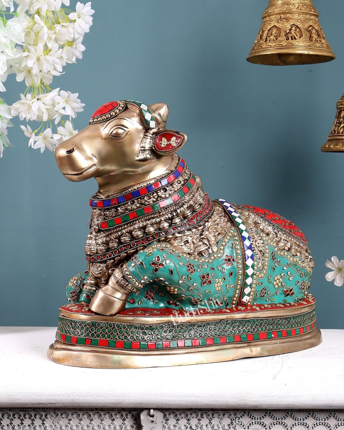 Brass Nandi Statue with Stonework - 20 inch - Budhshiv.com