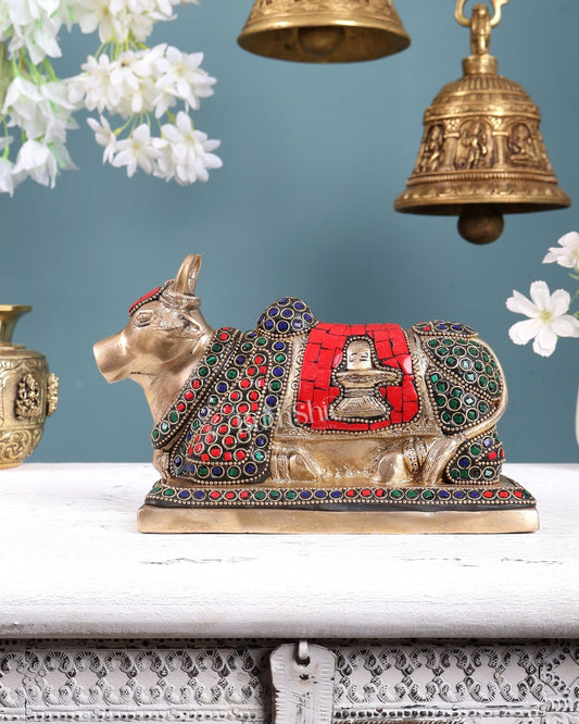 Brass Nandi statue with stonework 8.2" - Budhshiv.com