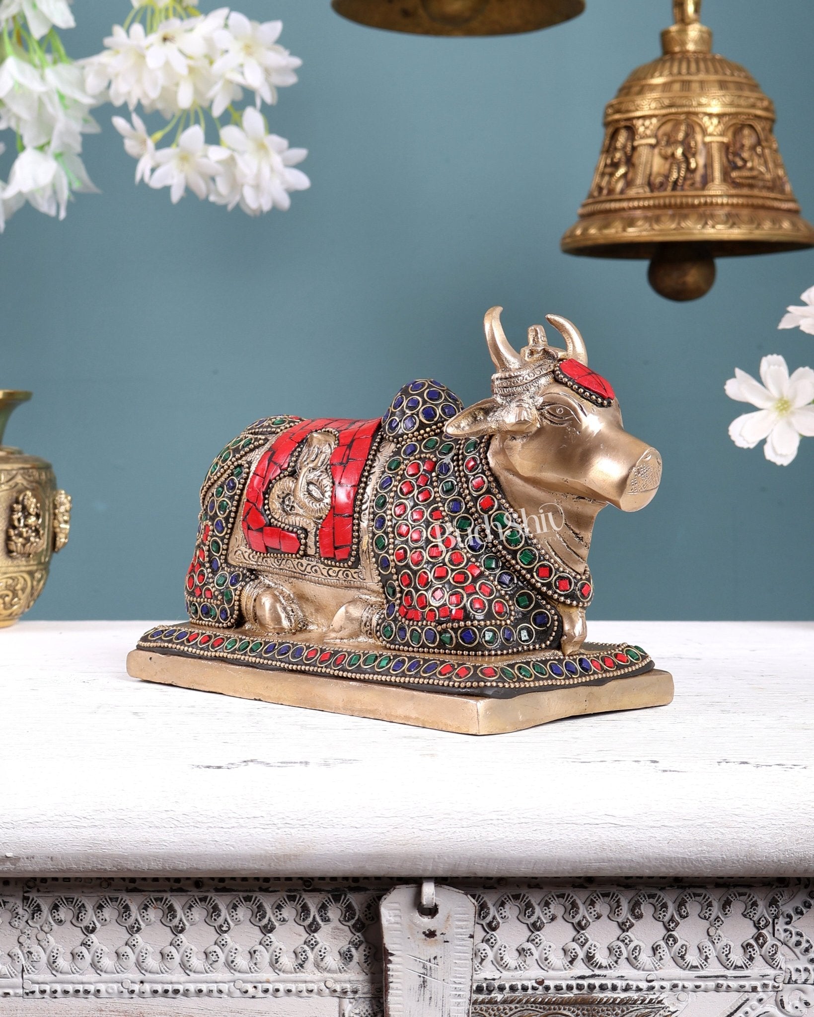 Brass Nandi statue with stonework 8.2" - Budhshiv.com