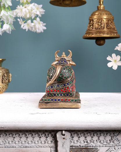 Brass Nandi statue with stonework 8.2" - Budhshiv.com