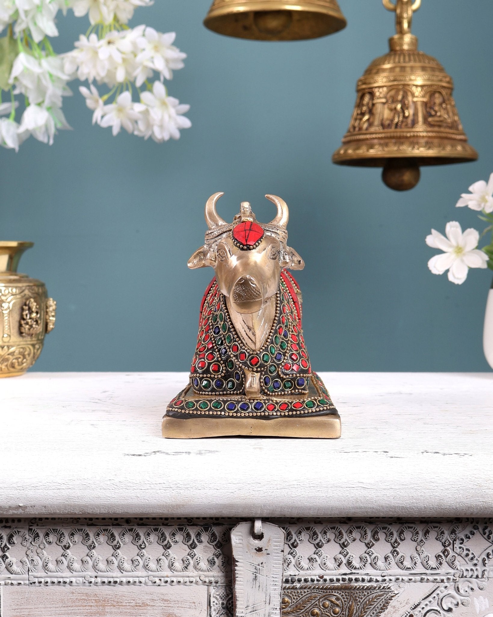 Brass Nandi statue with stonework 8.2" - Budhshiv.com