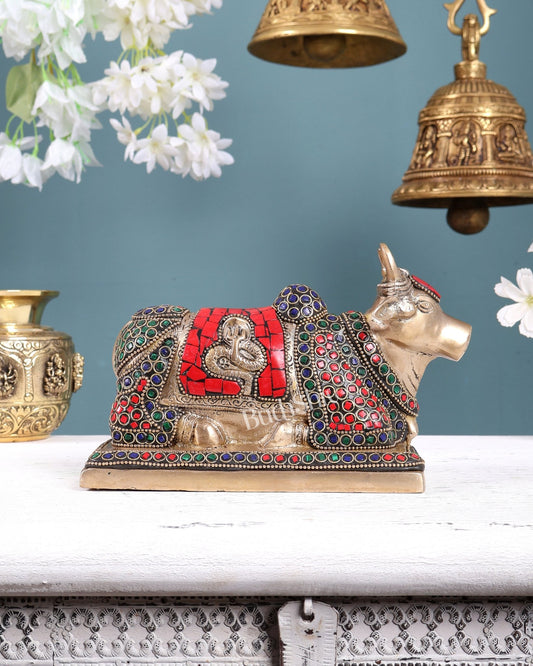 Brass Nandi statue with stonework 8.2" - Budhshiv.com