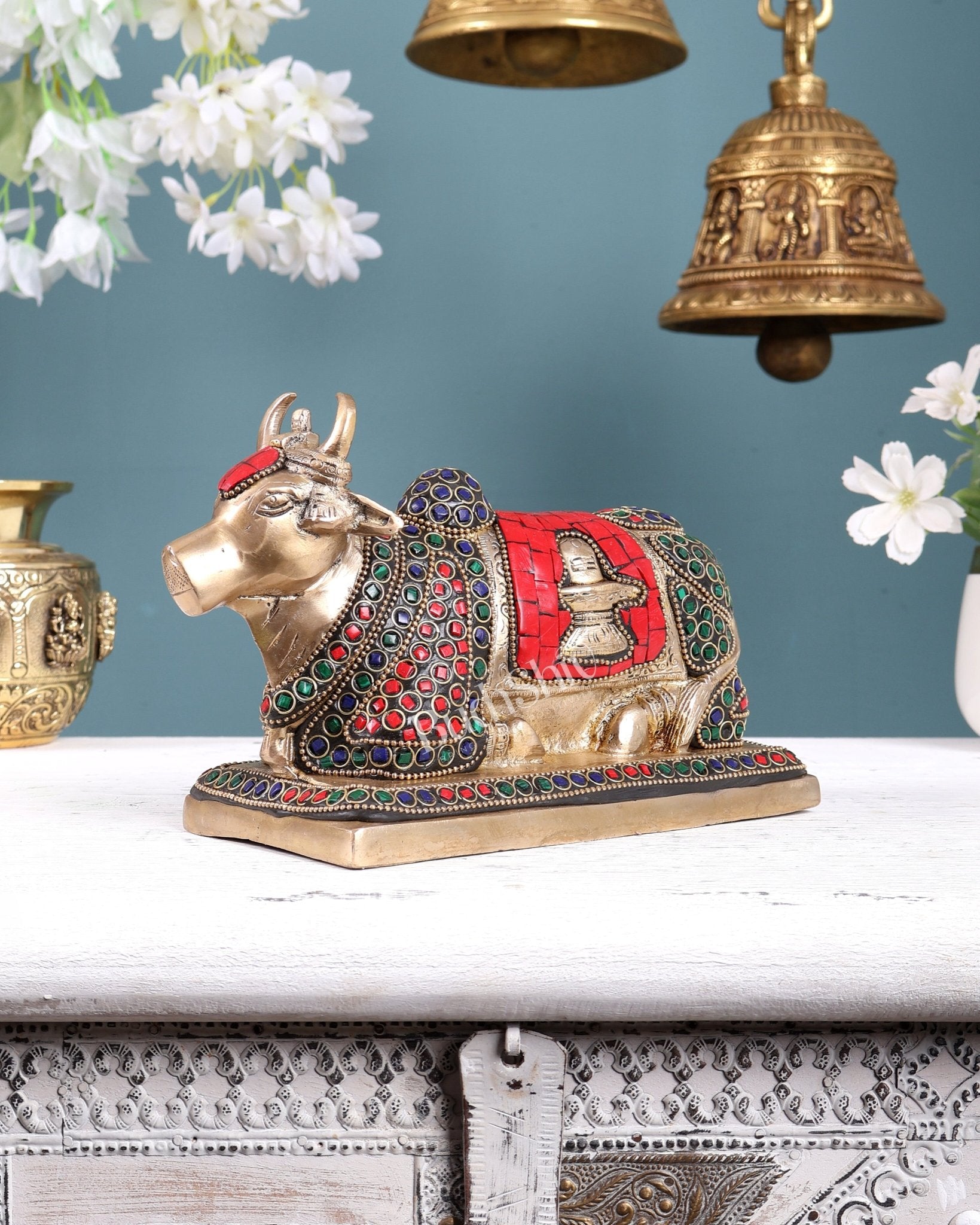 Brass Nandi statue with stonework 8.2" - Budhshiv.com