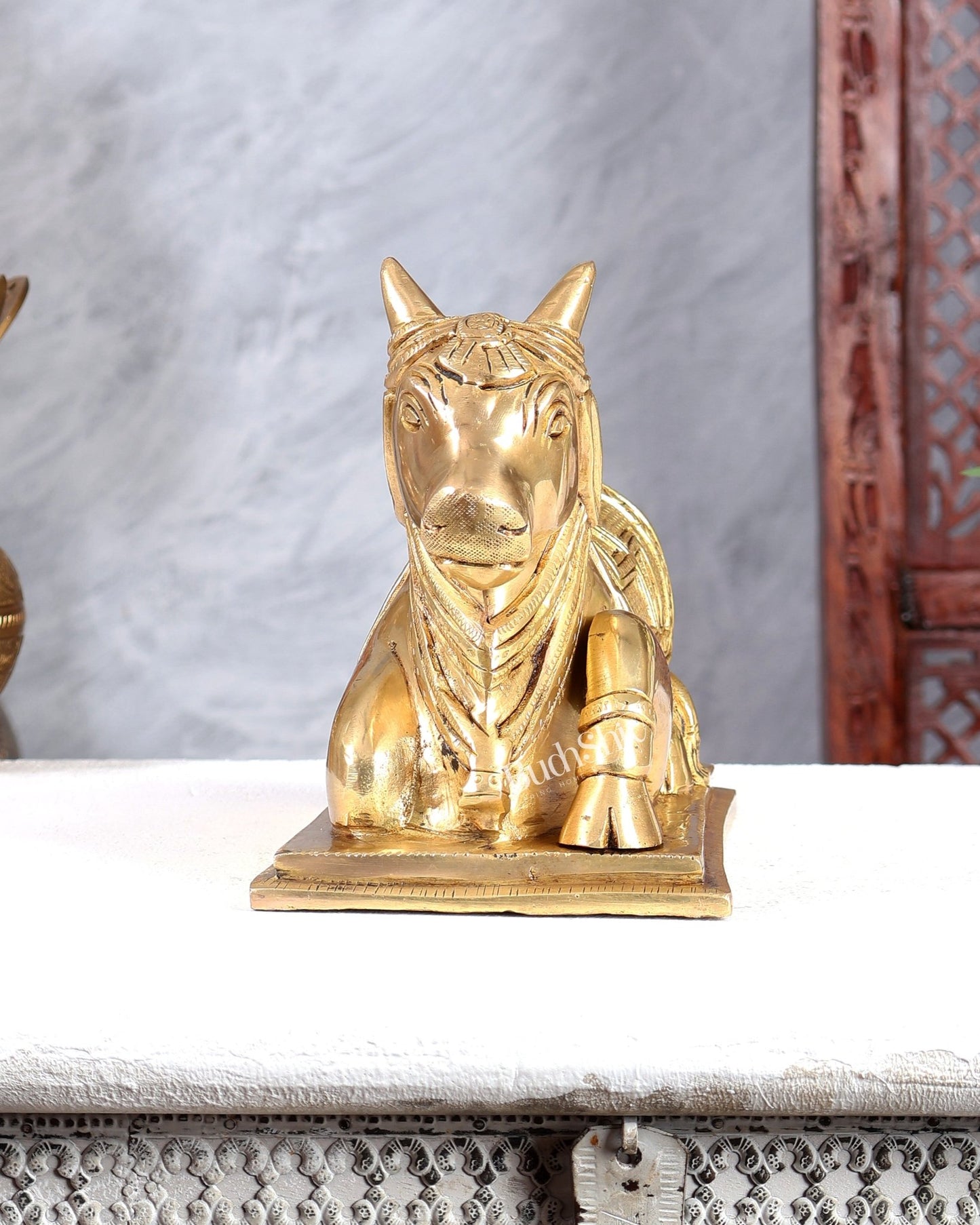 Brass Nandi with Om & Swastik Carvings – Intricately Handcrafted Sacred Bull Sculpture 8 inch - Budhshiv.com